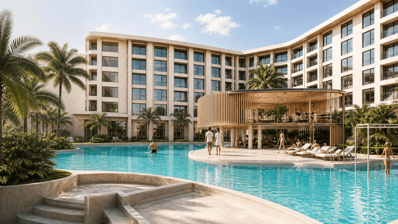 Concept visual of a contemporary tropical resort and pool